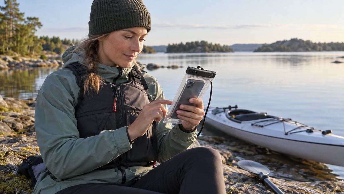 Paddler checking a phone in a waterproof pouch beside a kayak before launch