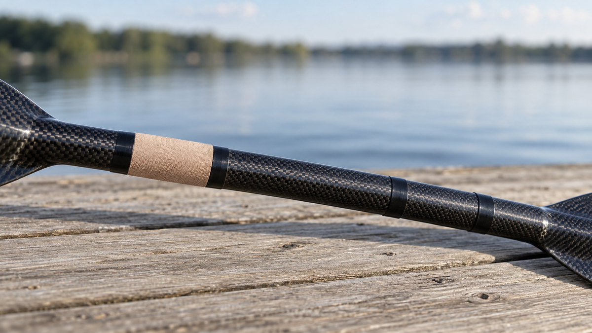 Illustration of a carbon-fibre sprint kayak paddle shaft with elastic tape between narrow electrical tape bands