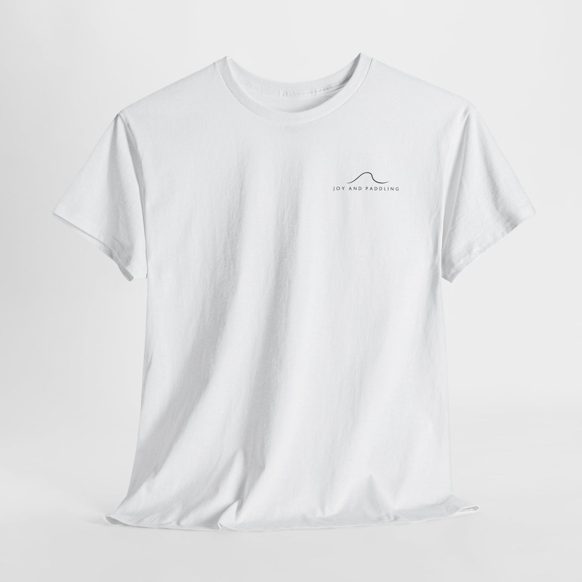 Front of white Joy and Paddling kayak T-shirt with small chest print