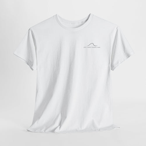 Front of white Joy and Paddling kayak T-shirt with small chest print