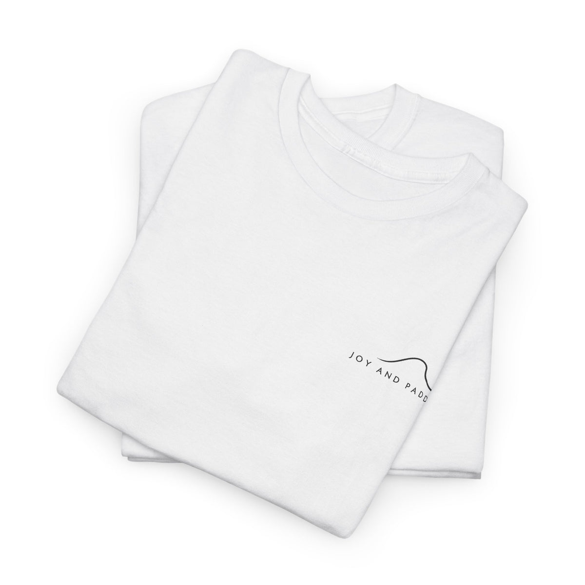 Folded white Joy and Paddling kayak T-shirt showing its chest print