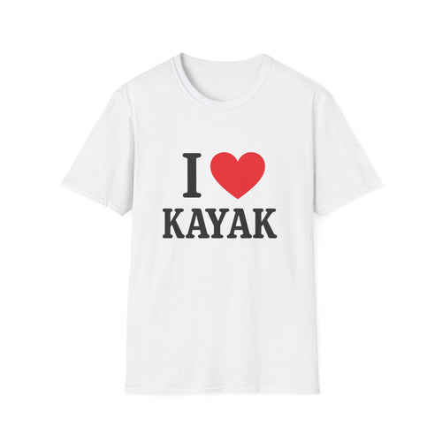 White I love Kayak T-shirt with red heart print, front view