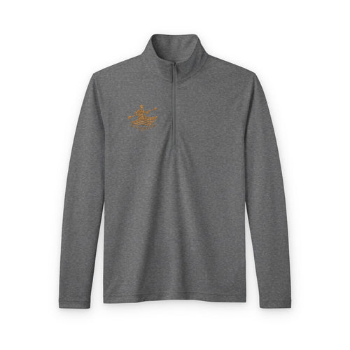 Dark grey heather J&P quarter-zip pullover with gold paddler logo, front view