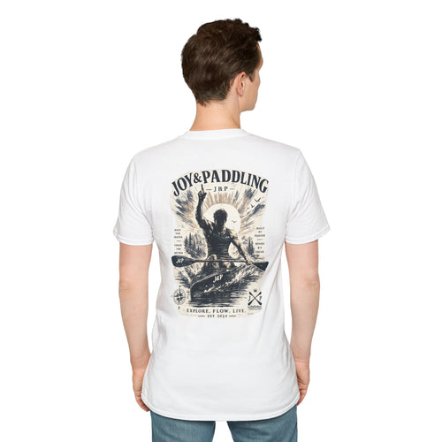 Back of white J&P T-shirt on a model, showing the large paddling print
