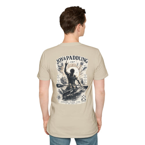 Back of natural-colored J&P T-shirt on a model, showing the large paddling print