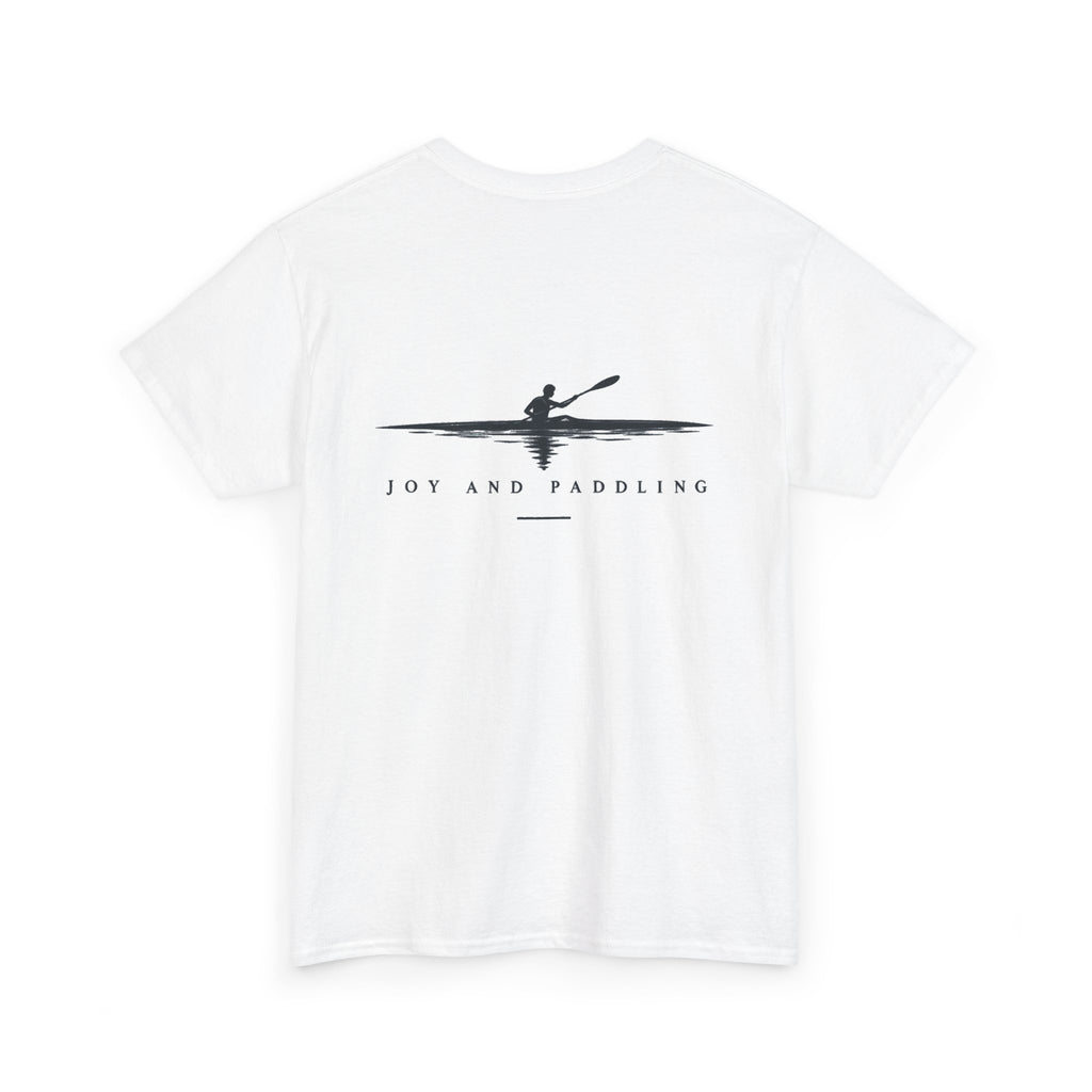 Back of white kayak T-shirt with paddler graphic and Joy and Paddling text