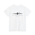 Back of white kayak T-shirt with paddler graphic and Joy and Paddling text