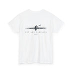 Back of white kayak T-shirt with paddler graphic and Joy and Paddling text