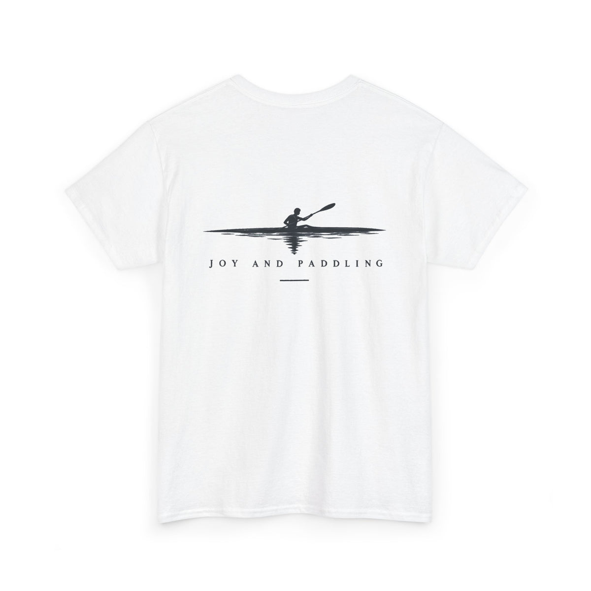 Back of white kayak T-shirt with paddler graphic and Joy and Paddling text