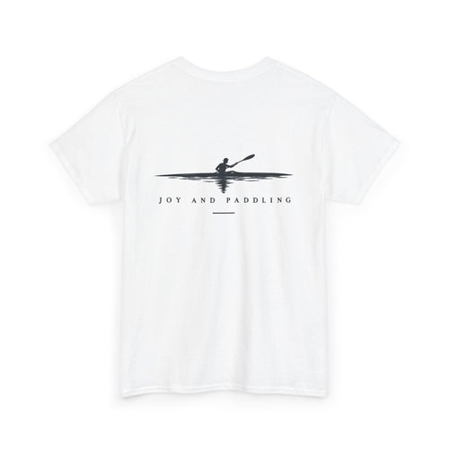 Back of white kayak T-shirt with paddler graphic and Joy and Paddling text