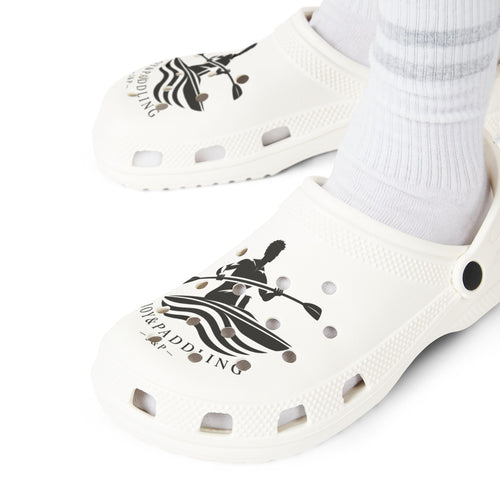 White Joy&Paddling clogs being worn, showing the black paddling graphic