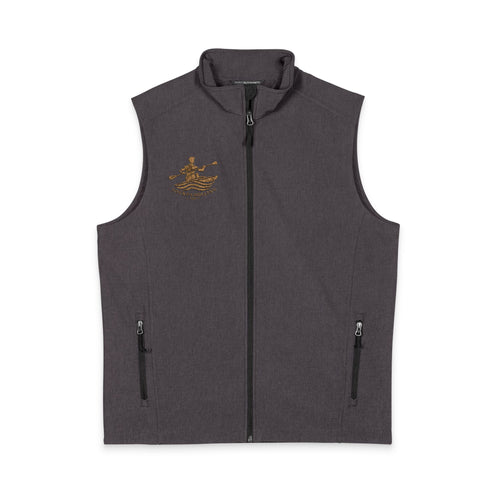 Black charcoal heather J&P soft shell vest with gold paddler logo, front view