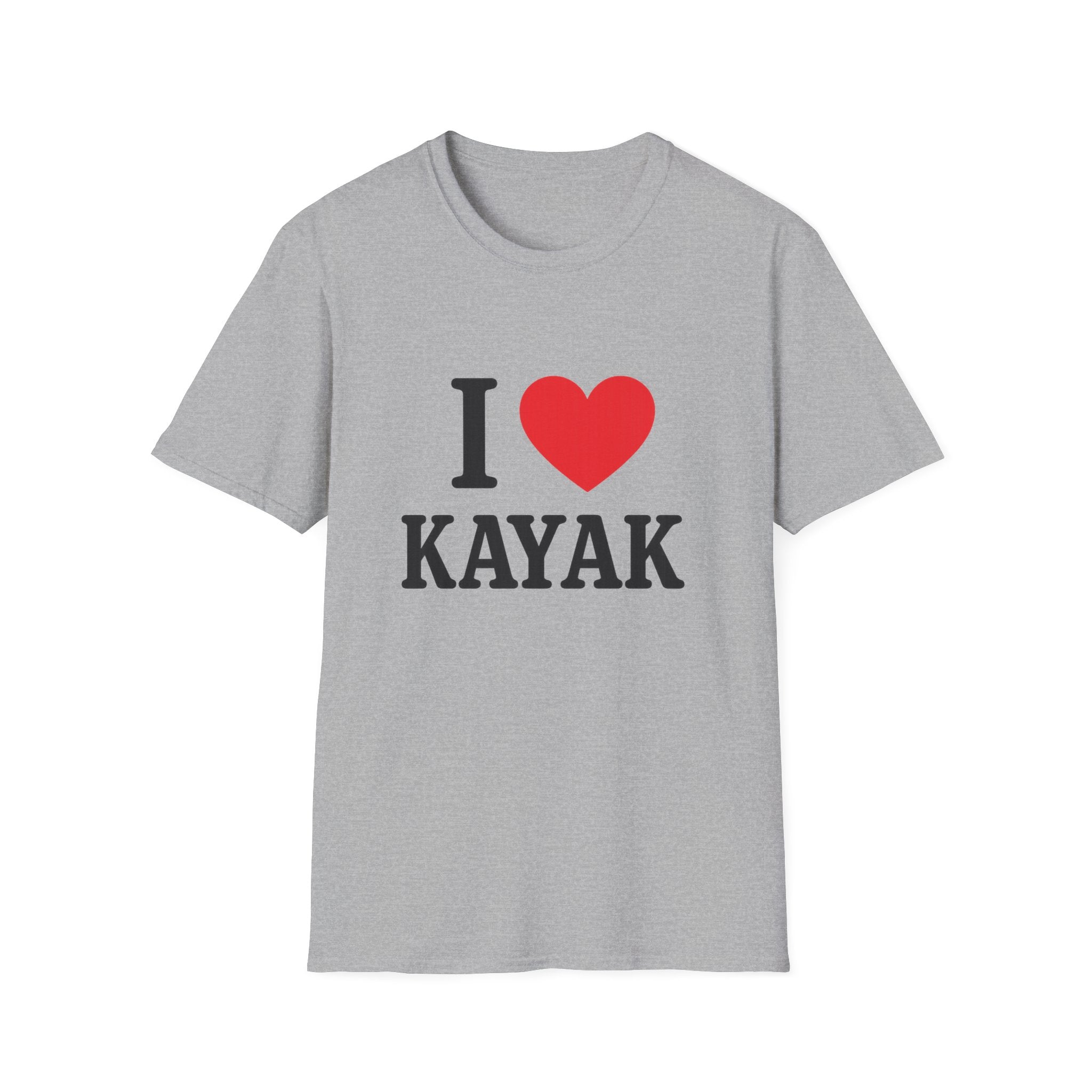 White crew neck T-shirt with 'I love Kayak' text and red heart graphic