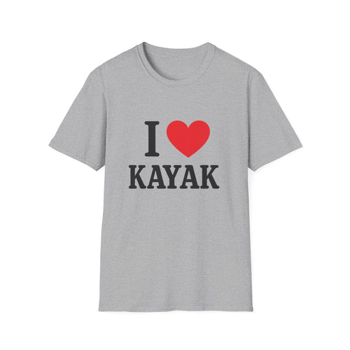 Sport grey I love Kayak T-shirt with red heart print, front view