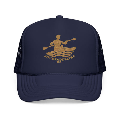 Dark navy J&P trucker cap with gold paddler logo, front view