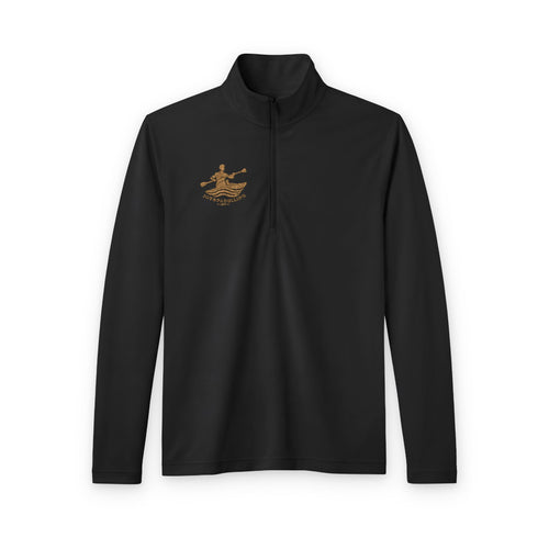 Black J&P quarter-zip pullover with gold paddler logo, front view