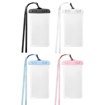 Four clear phone cases with colorful straps on a white background