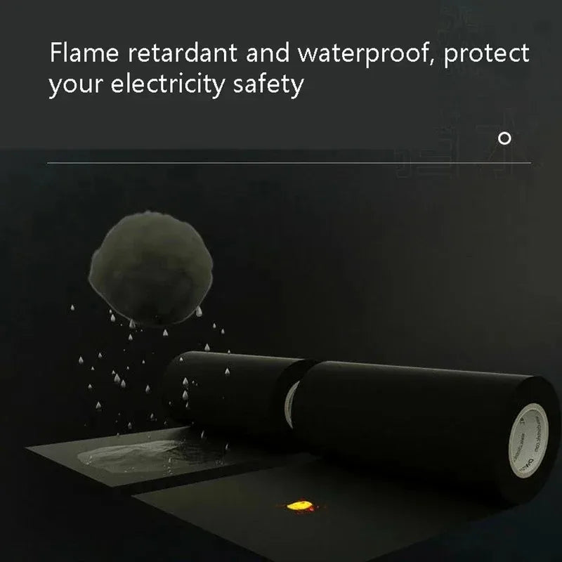 Roll of electrical tape with a fire extinguisher and raindrop graphics on a dark background, emphasizing safety and protection.